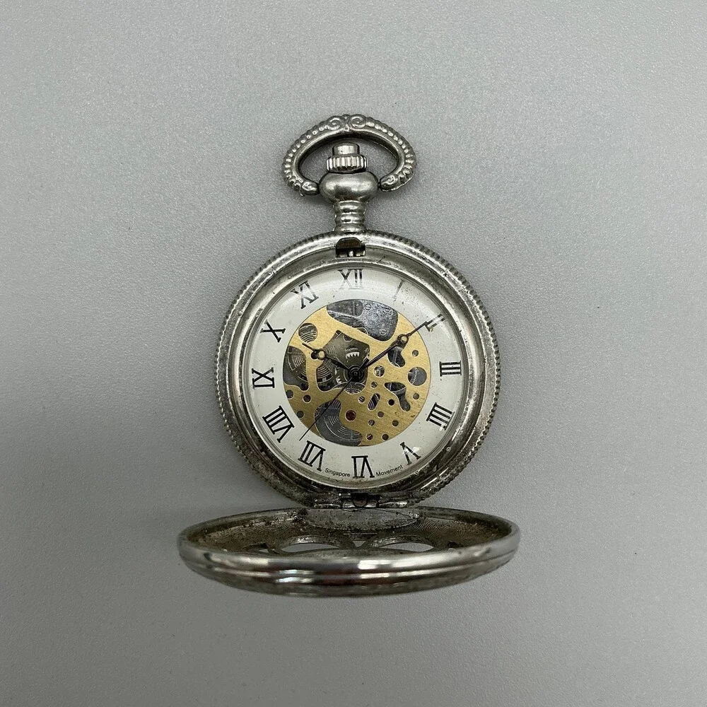 Kansas City Railroad Pocket Watch Men 47mm Silver Tone Skeleton Manual
